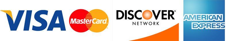 Logos for Visa, Mastercard, Discover, and American Express credit cards.