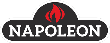 Napoleon logo with flame and black background.