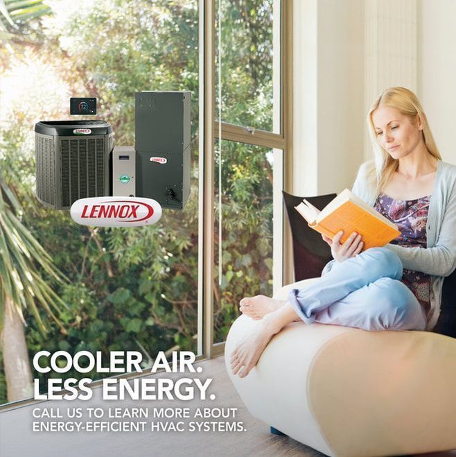 Woman reads by window; Lennox HVAC system; 