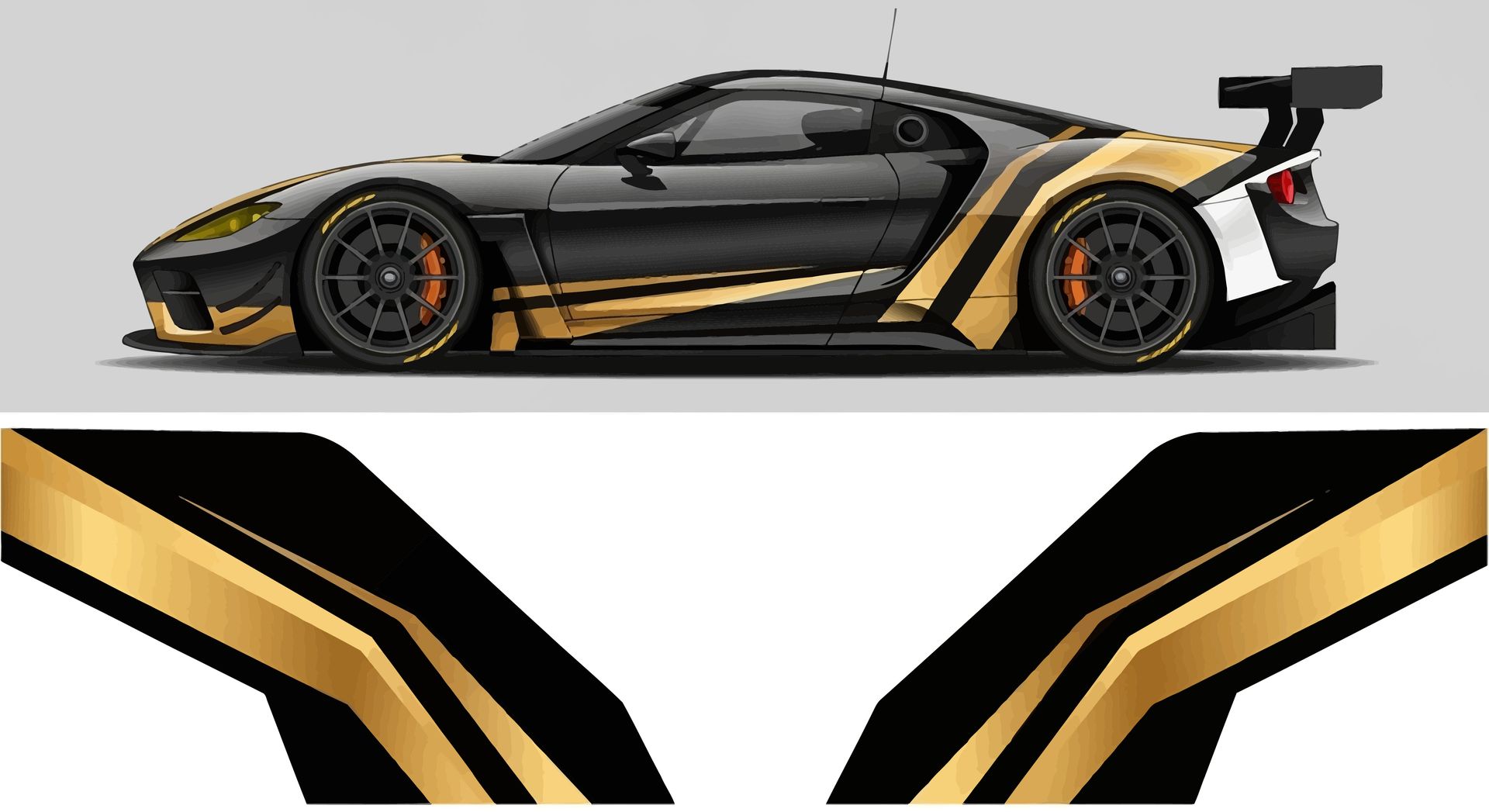 Black and gold racing car side view with matching geometric gold-and-black stripes below