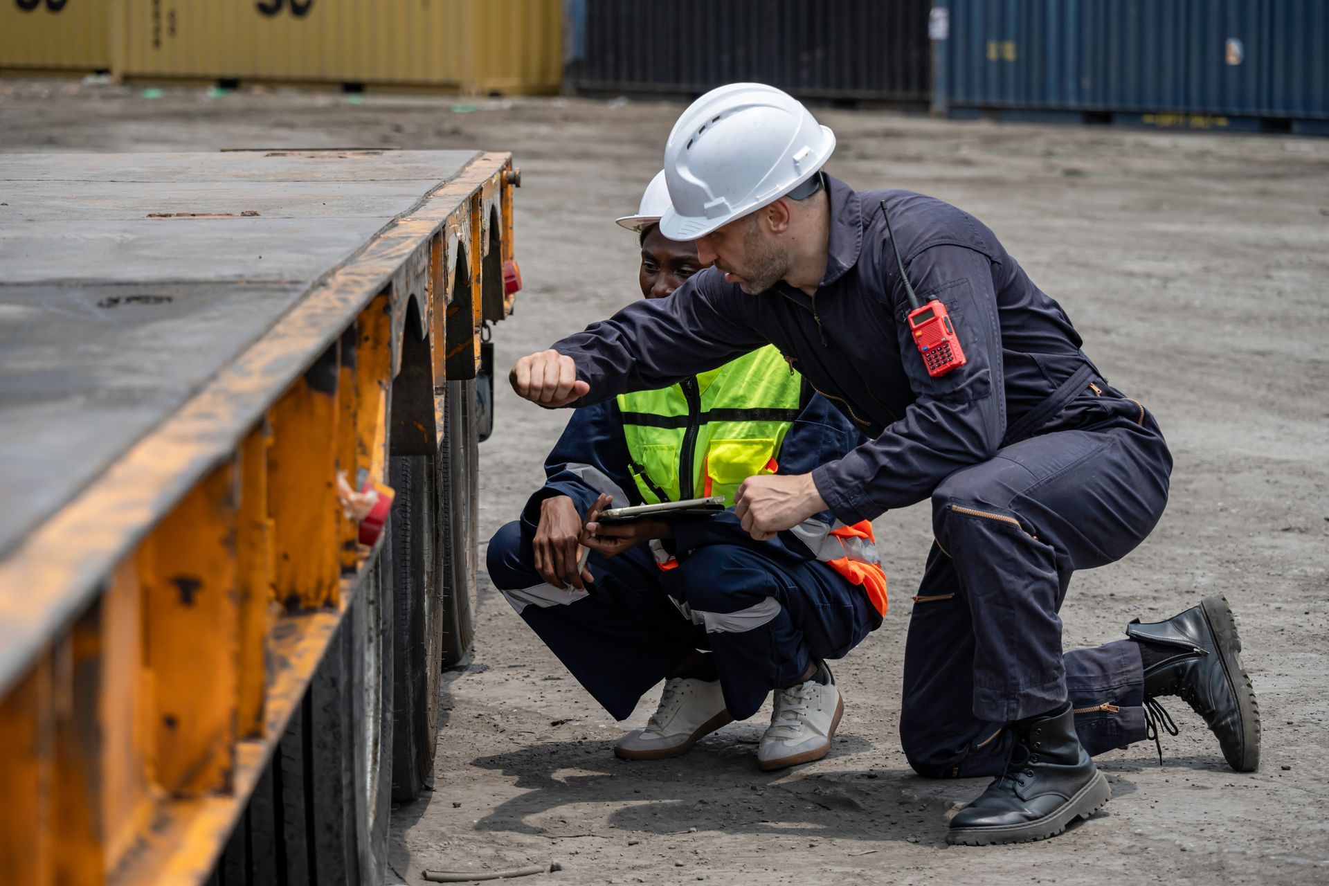 Two workers in hard hats crouch beside a yellow trailer on a dock, inspecting the underside.
