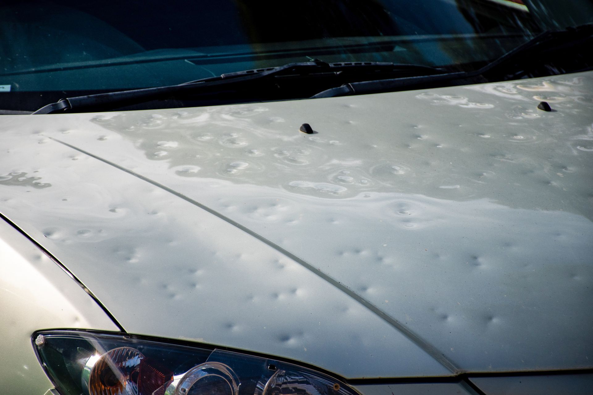 White car hood with water droplets and a headlight visible in the lower left corner