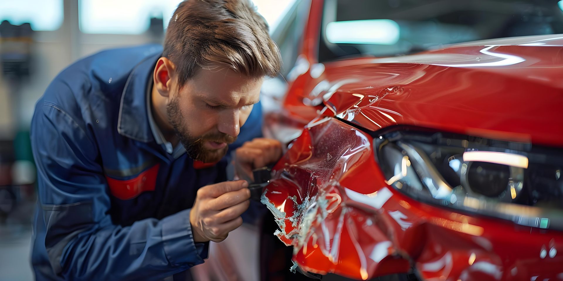 Technician inspecting front bumper damage at a professional auto body repair shop. Technician inspecting front bumper damage at a professional auto body repair shop.