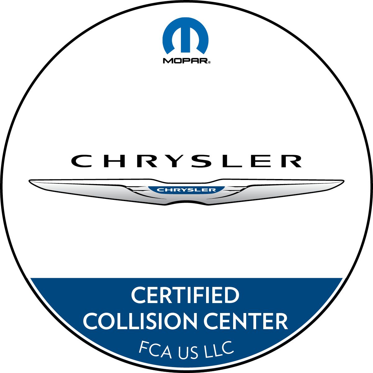 Mopar Chrysler Certified Collision Center logo with blue and silver accents