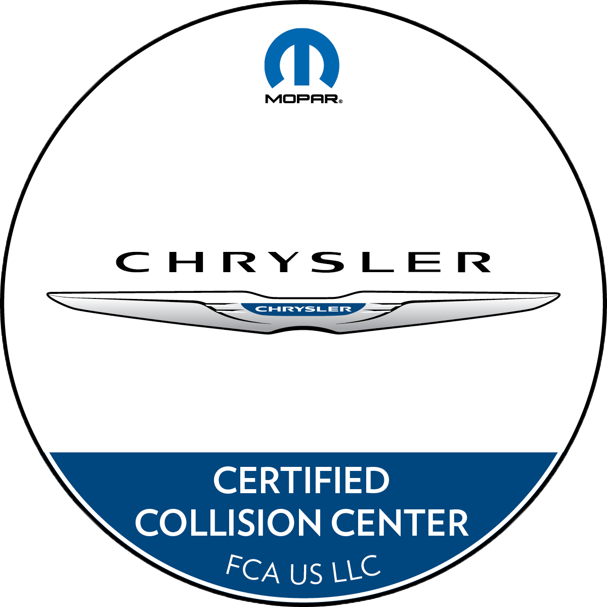 Mopar Chrysler Certified Collision Center logo with blue and white design