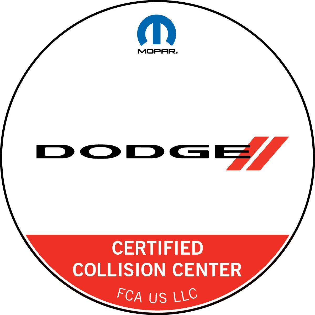 Mopar Dodge certified collision center logo in white, black, red, and blue