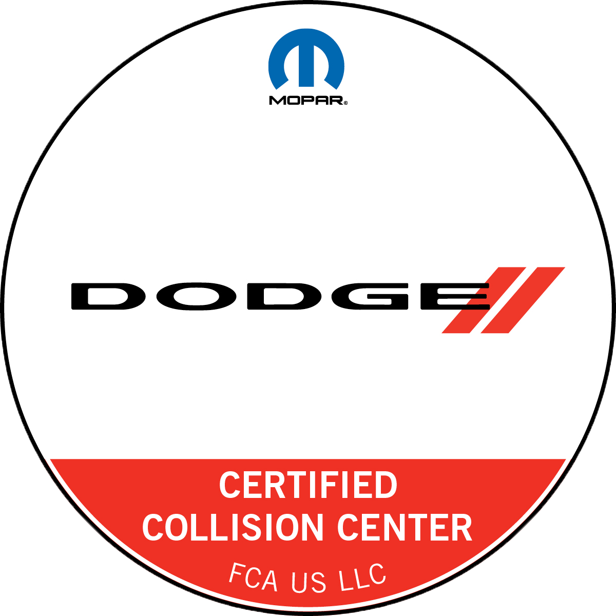 Mopar Dodge Certified Collision Center circular logo with red and black text on white background