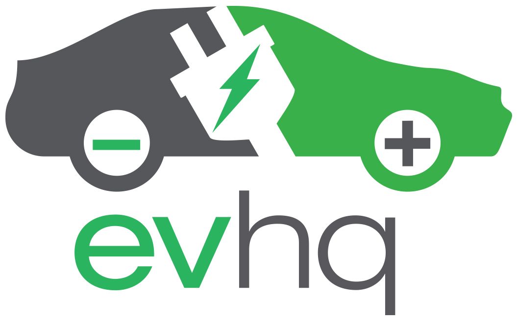EVHQ logo with gray and green electric car outline, battery bolt, and plus/minus symbols