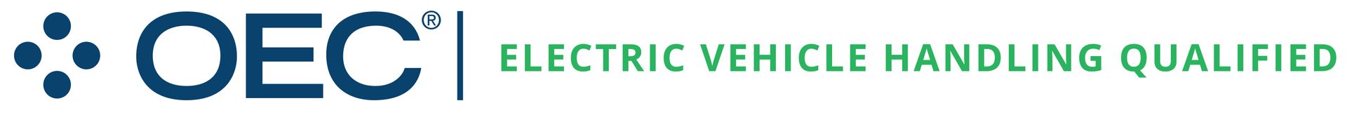 OEC logo with green emblem and the tagline “Electric Vehicle Handling Qualified” in blue and green text