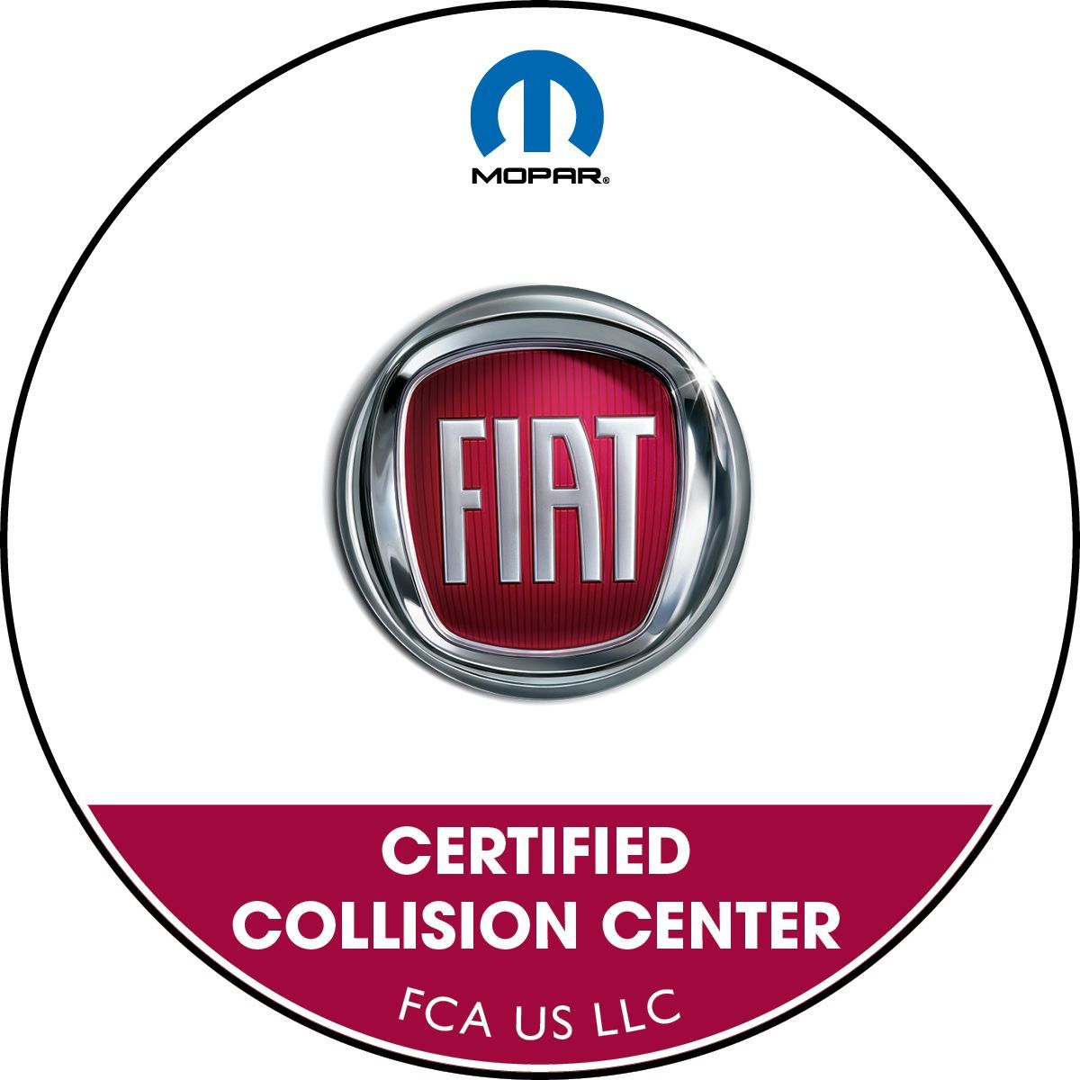 Mopar and FIAT certified collision center logo with white, red, and chrome design