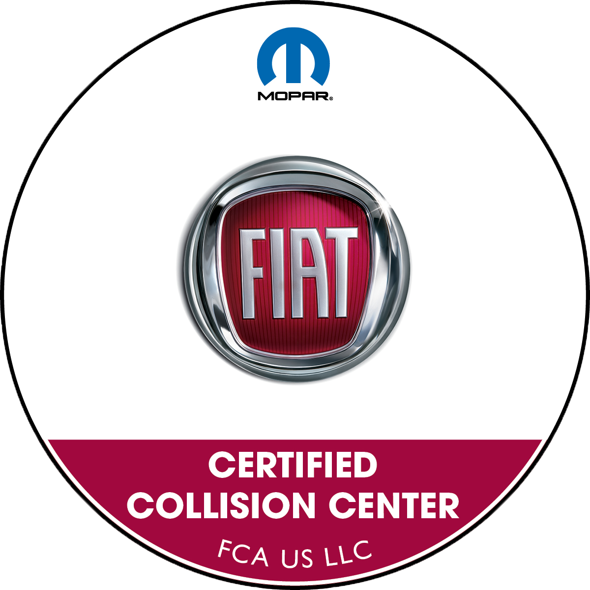 Mopar Fiat certified collision center logo with red Fiat emblem and FCA US LLC text