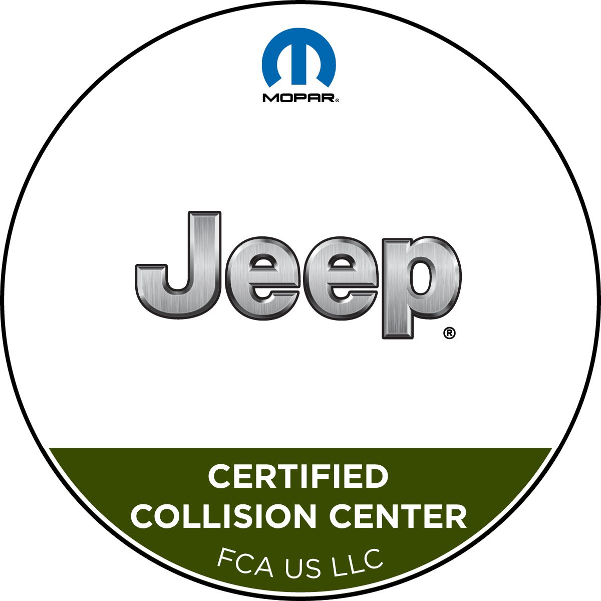 Jeep Certified Collision Center logo with Mopar emblem and FCA US LLC text on a white and green circle