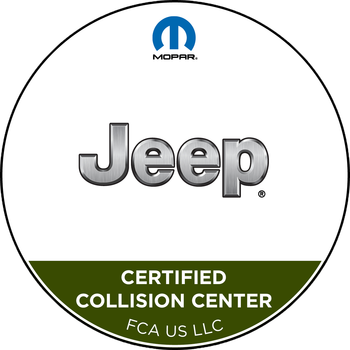 Jeep Certified Collision Center logo with Mopar branding on a white and green circular sign