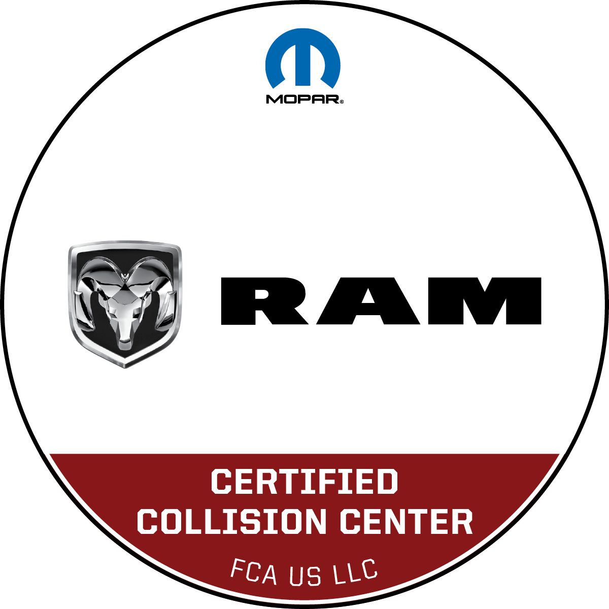 Mopar and RAM certified collision center logo with red banner and FCA US LLC text