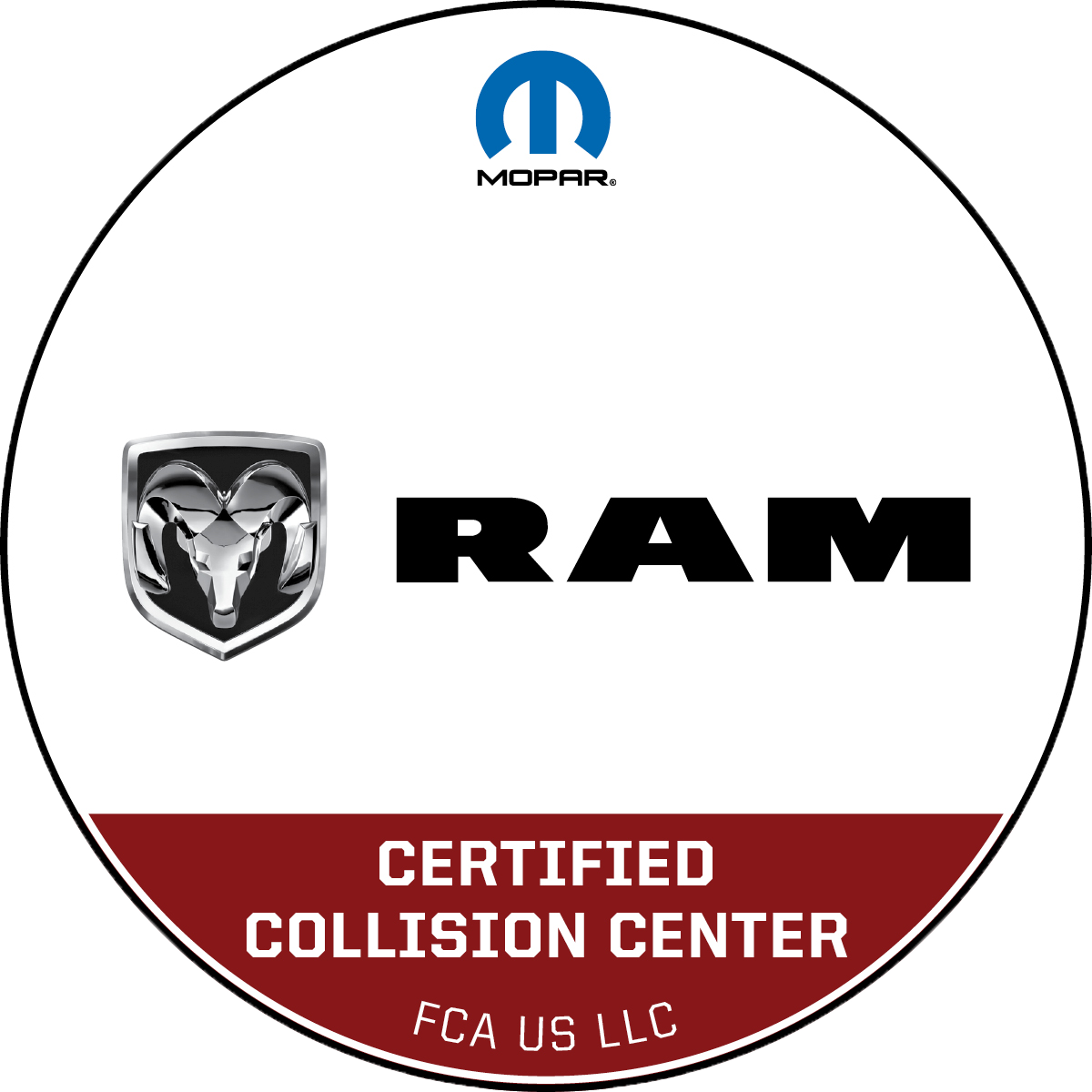 RAM certified collision center logo with Mopar emblem on white background, red footer banner