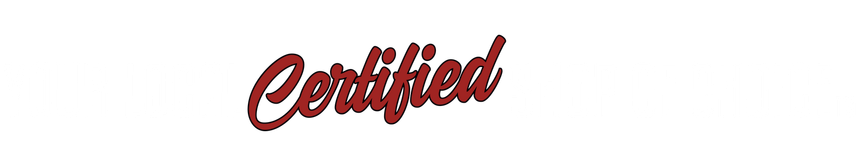 Red cursive “Certified” text on a white background