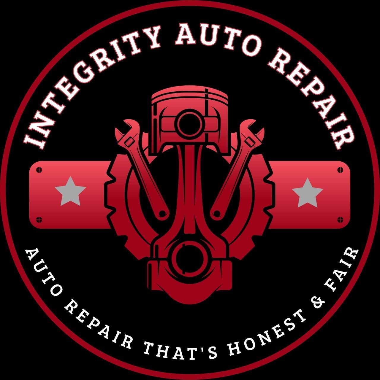 Integrity Auto Repair logo with red engine and stars, featuring the slogan “Auto repair that’s honest & fair.”