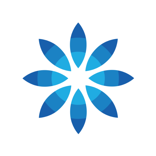 Blue and turquoise eight-petal flower-like logo on a white background