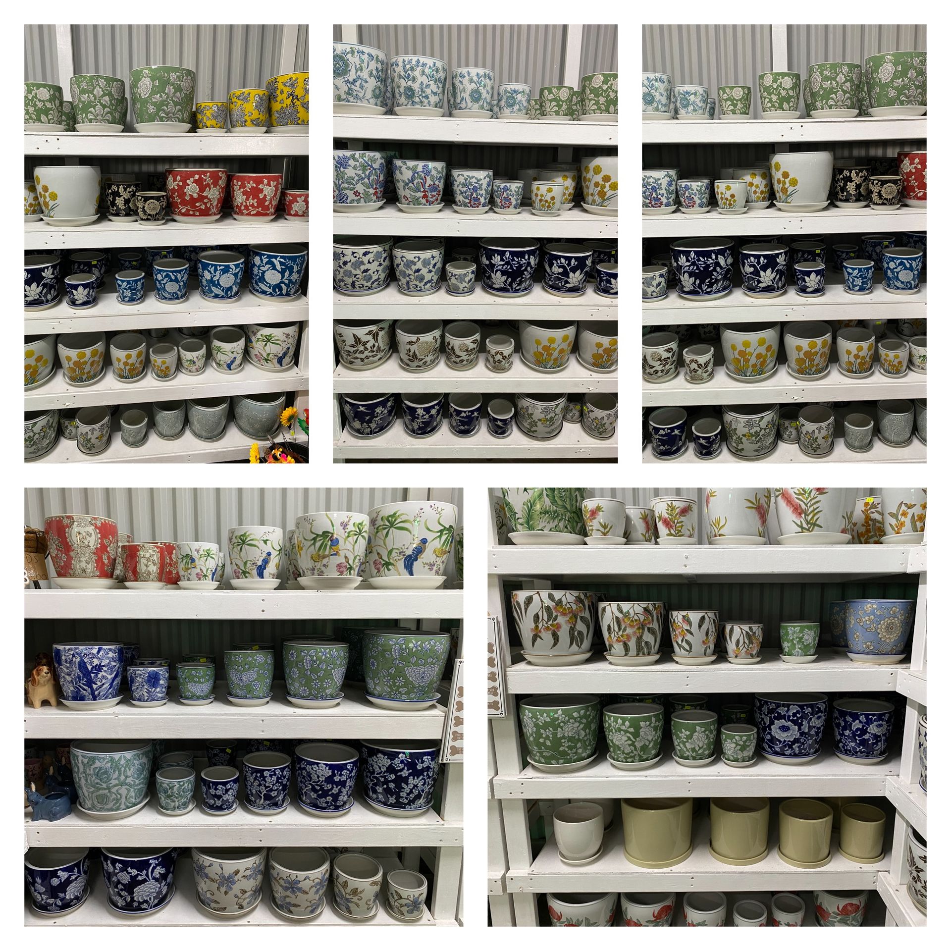Shelves of assorted patterned ceramic mugs and cups arranged in rows in a store display