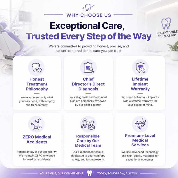 Why choose us: honest treatment, chief director's diagnosis, lifetime implant warranty, zero medical accidents
