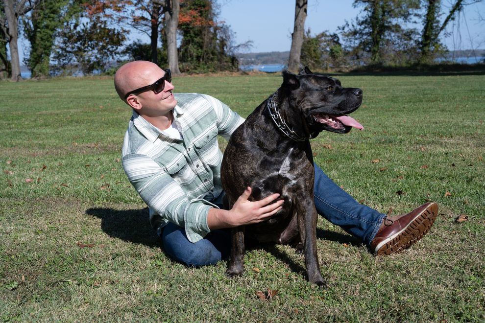 Man in plaid shirt sitting on grass with a black dog on a sunny park lawn
