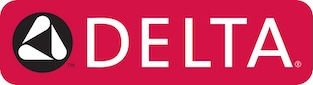 The Delta Faucet company logo: the white word "DELTA" next to a black circle containing three white stylized petals.