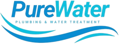 Logo for "PureWater Plumbing & Water Treatment" with blue text and two stylized blue wavy lines beneath it.