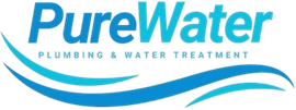 Logo for "PureWater Plumbing & Water Treatment" with blue text and two stylized blue wavy lines beneath it.