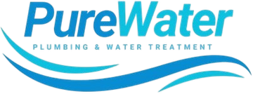 Logo for "PureWater Plumbing & Water Treatment" with blue text and two stylized blue wavy lines beneath it.