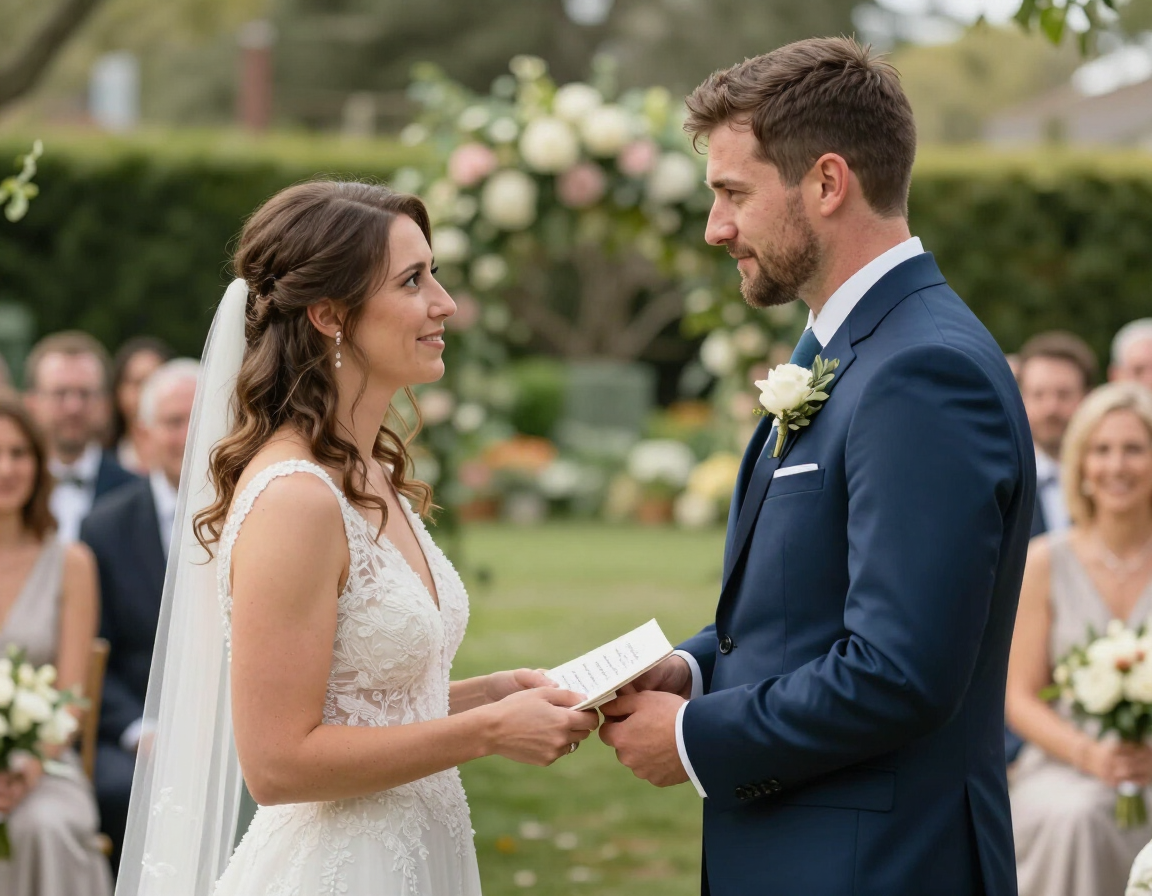 Bride and groom exchanging vows outdoors at a garden wedding ceremony.