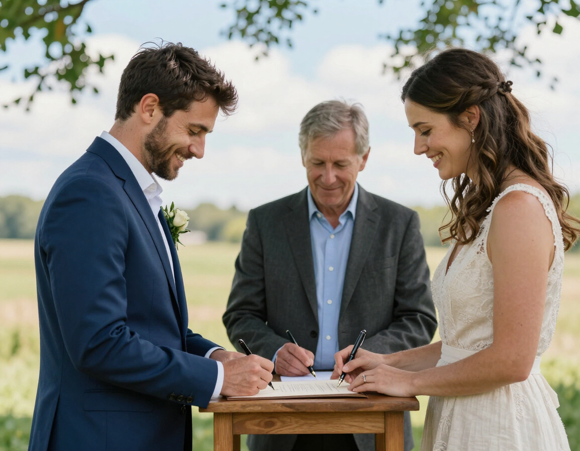 Couple signing wedding paperwork outdoors with an officiant at a small table