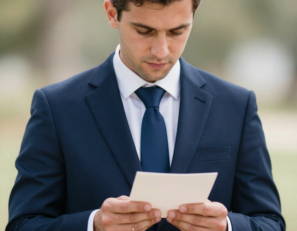 Man in a navy suit reading a letter outdoors
