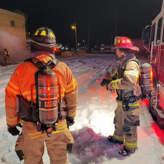 Two firefighters in reflective gear stand beside a fire truck at night, inspecting steam or smoke on a snowy street.