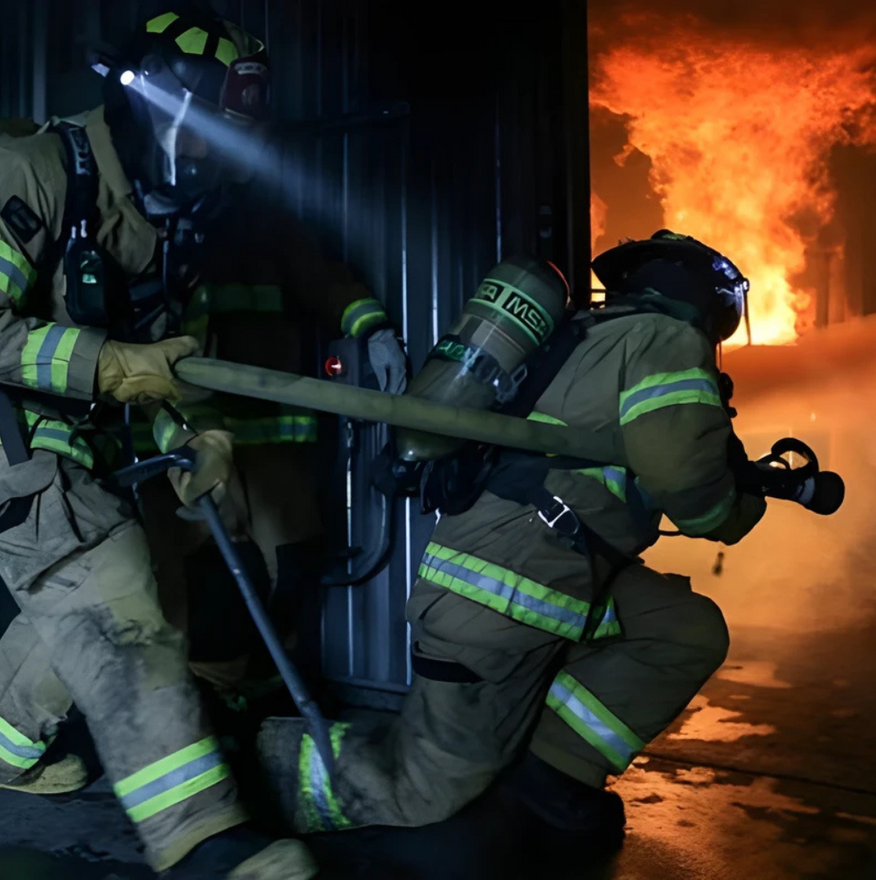 Firefighters advancing toward a blaze with a hose in a dark, smoke-filled building
