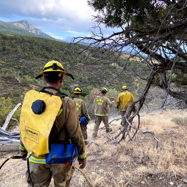 Wildland firefighters walking through dry brush in yellow gear near a mountainside
