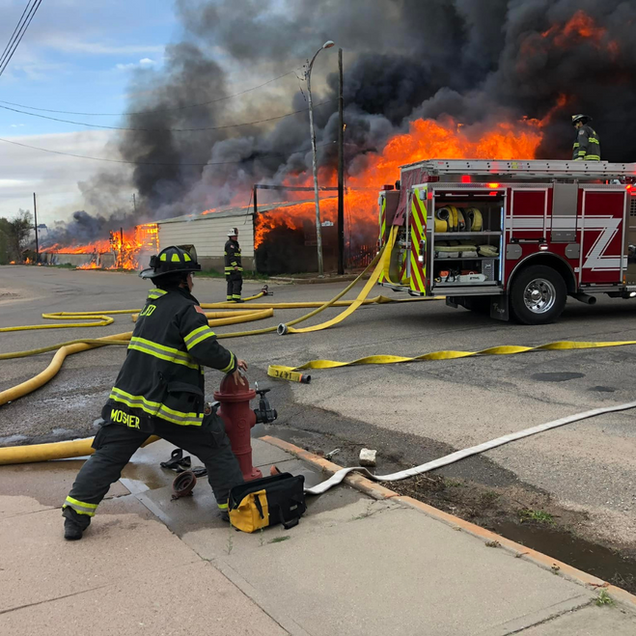Firefighters battle a large house fire as thick black smoke billows from the building and hoses spray water.