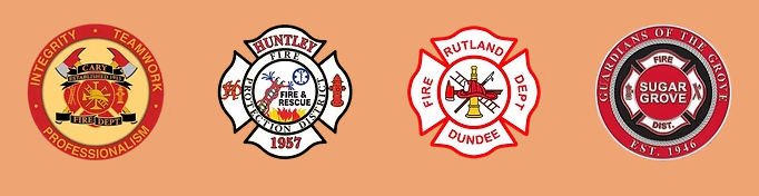 Four circular emergency service logos in red, white, and orange on a peach background.