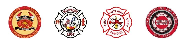 Four circular firefighter-style emblems on a white background, in red, white, black, and orange.