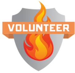 Volunteer badge with flame inside shield. Orange banner reads "VOLUNTEER".