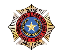 Texas State Firefighters and Fire Marshals Association badge with blue star and gold border, est. 1876