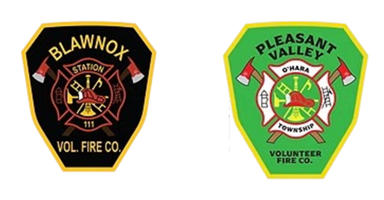 Two fire department patches: black Blawnox Vol. Fire Co. and green Pleasant Valley Volunteer Fire Co.