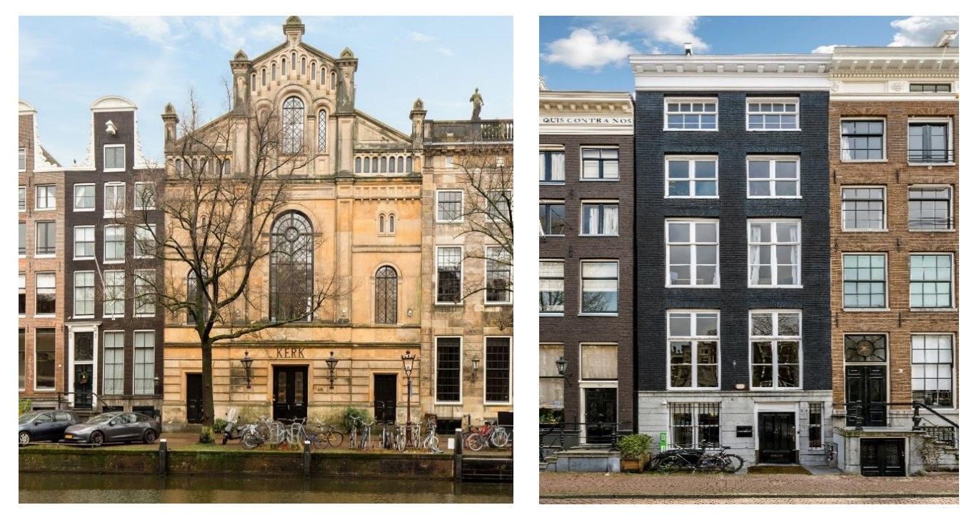 Een foto van een gebouw aan een rivier en een foto van een gebouw aan een rivier.