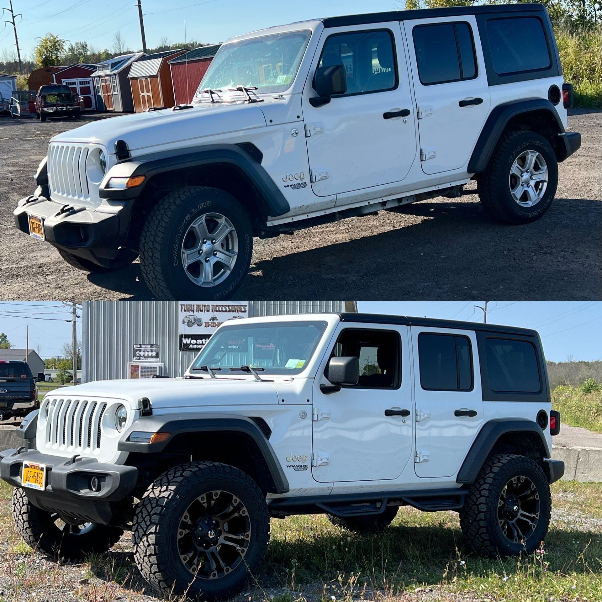 Two white Jeep Wranglers parked outdoors, shown from the side in a before-and-after style collage
