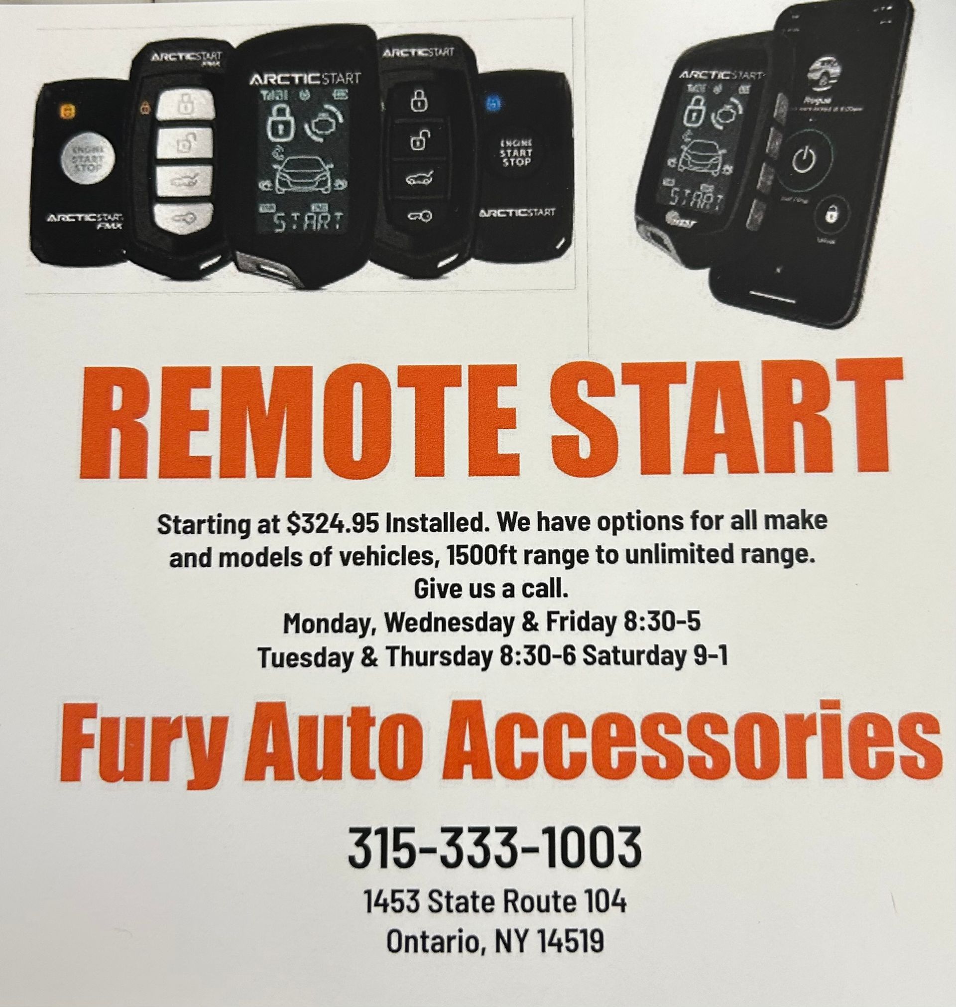 Remote start ad with black key fobs, bold orange text, Fury Auto Accessories contact details