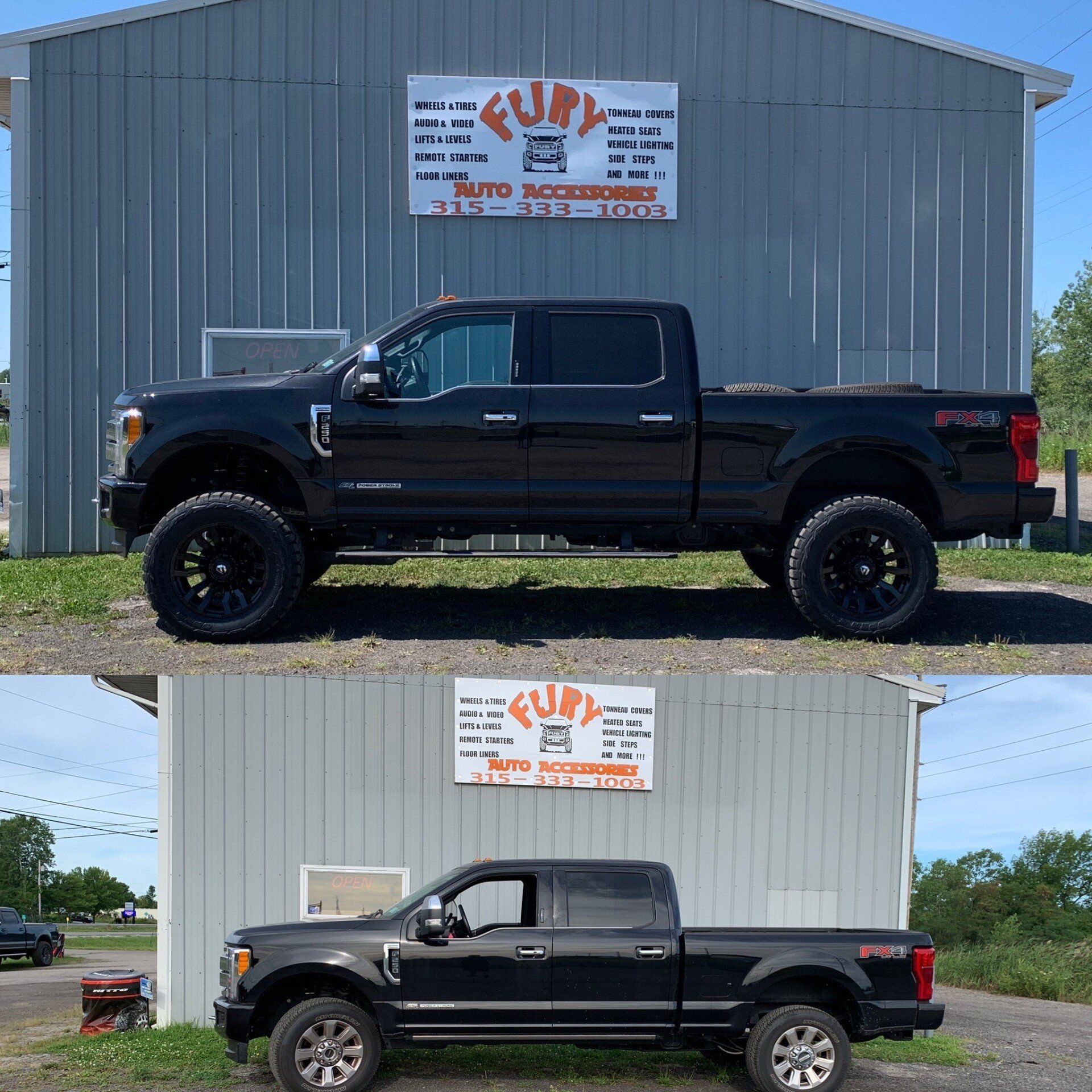 Black lifted pickup truck parked in front of a metal building, shown in side profile and a second lighter view below.