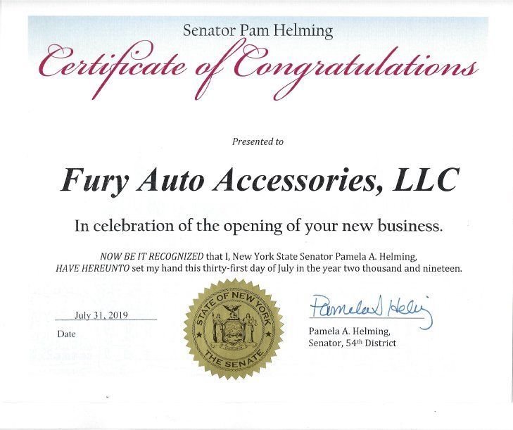 Certificate of Congratulations for Fury Auto Accessories, LLC, signed by Senator Pam Hemling.