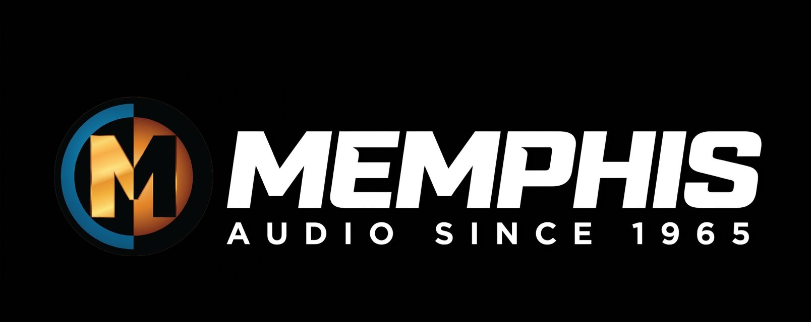 Memphis Audio logo with stylized gold and black “M” and white text on a black background