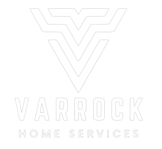 A white logo for varrock home services with a v on a white background.