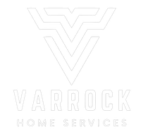 A white logo for varrock home services with a v on a white background.