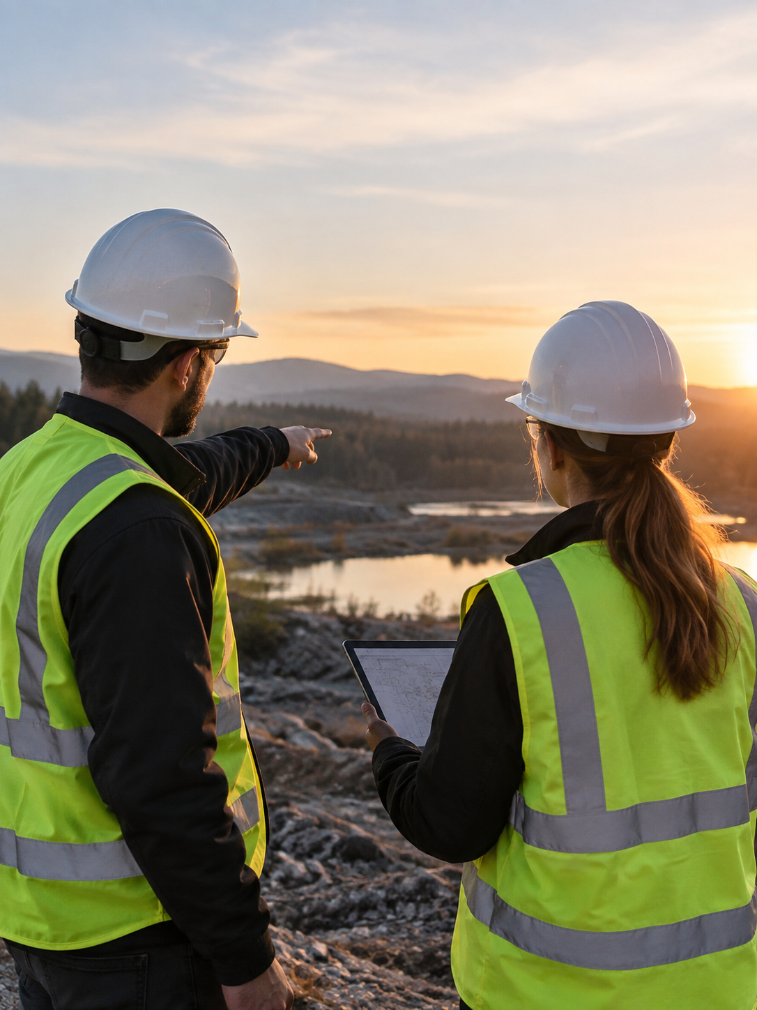 Two engineers in hard hats and safety vests inspect a landscape at sunset, one pointing toward the view.